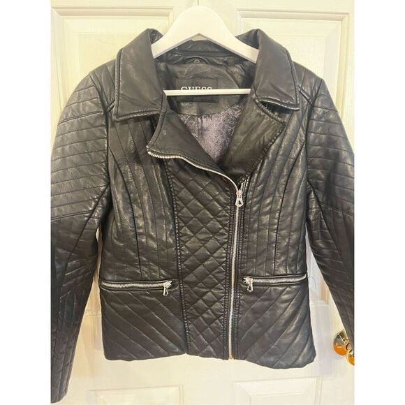 Guess Black Faux Leather Moto Jacket sz S EUC - Picture 2 of 9